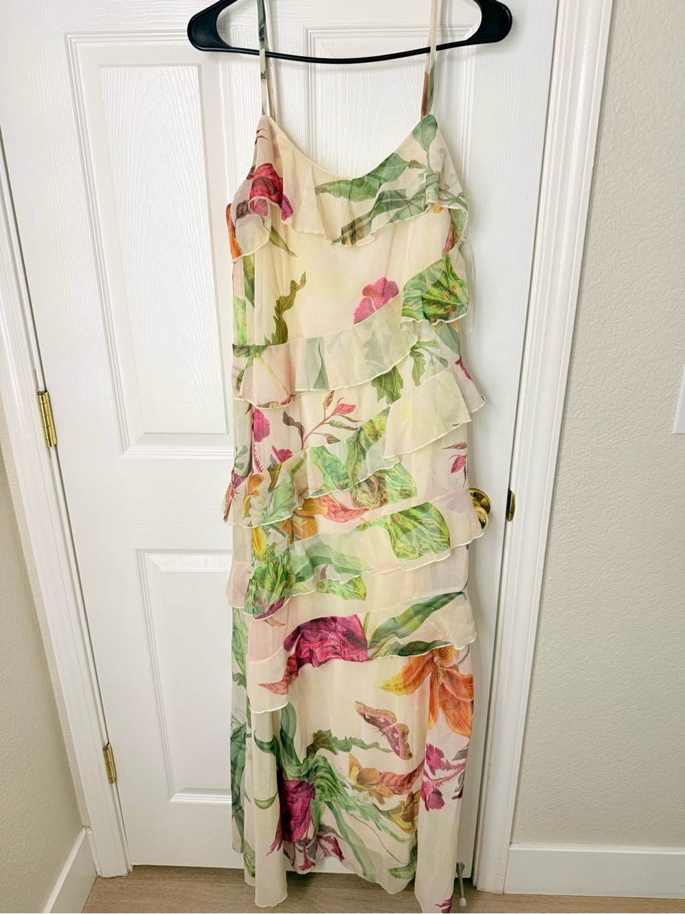 PrettyLittleThing Cream Floral Ruffle Maxi Dress with Pink & Green